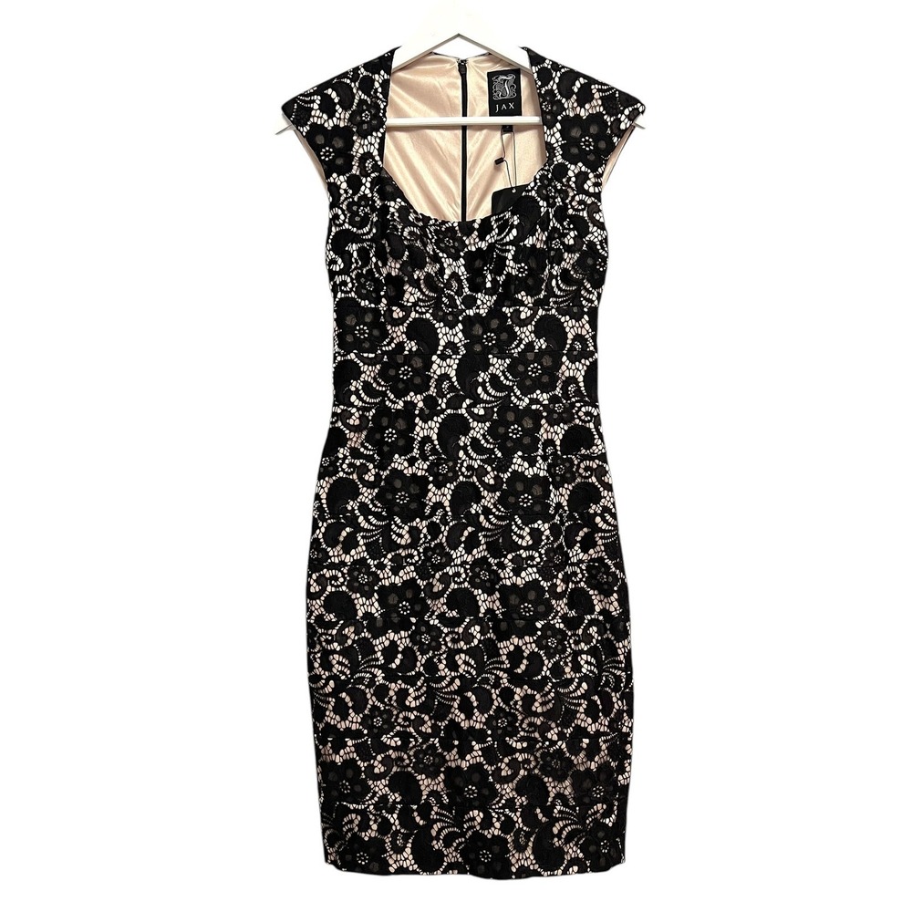 Jax Lace Sheath Dress Womens Size 2 Black Champagne Floral Cap Sleeve Coquette